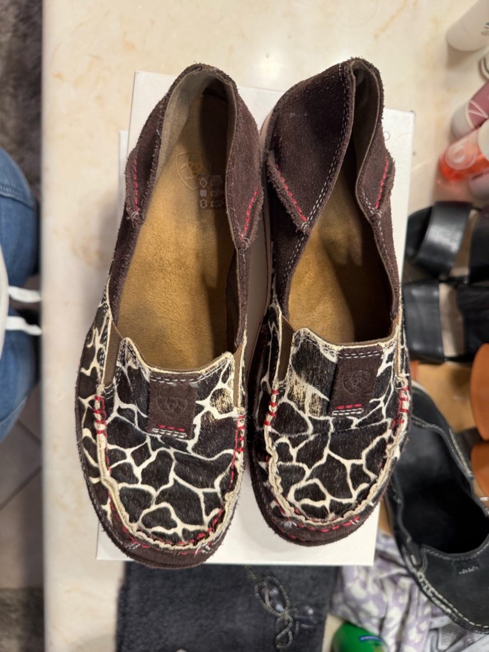 Ariat Brown and Cream Giraffe-Print Suede Moccasins